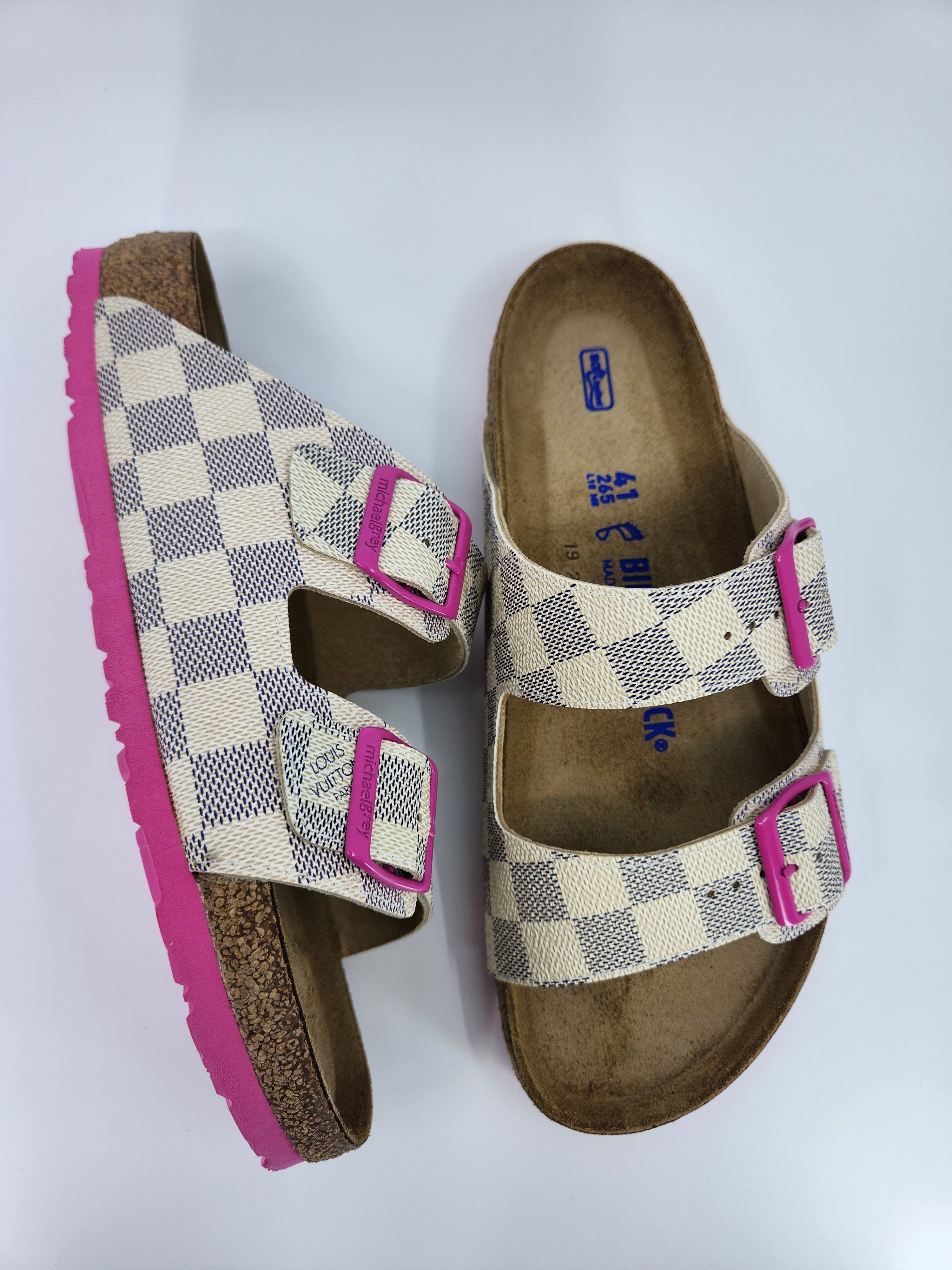 LOUIS VUITTON CUSTOM BIRKENSTOCK WHITE NAVY PINK DAMIER MONOGRAM BY MICHAEL GREY FOOTWEAR